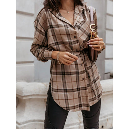 Robe chemise à manches longues pour femmes avec ceinture ajustable et design à carreaux tendance Chic und Stil