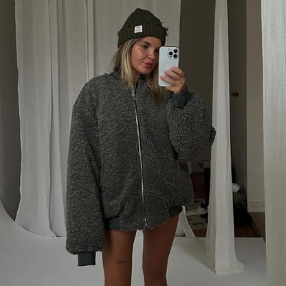 Dames confortable teddy jacket avec col haut Chic und Stil