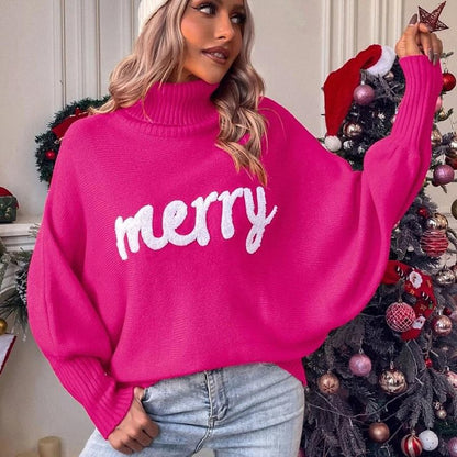 Pull à col roulé surdimensionné pour femmes avec inscription festive Chic und Stil