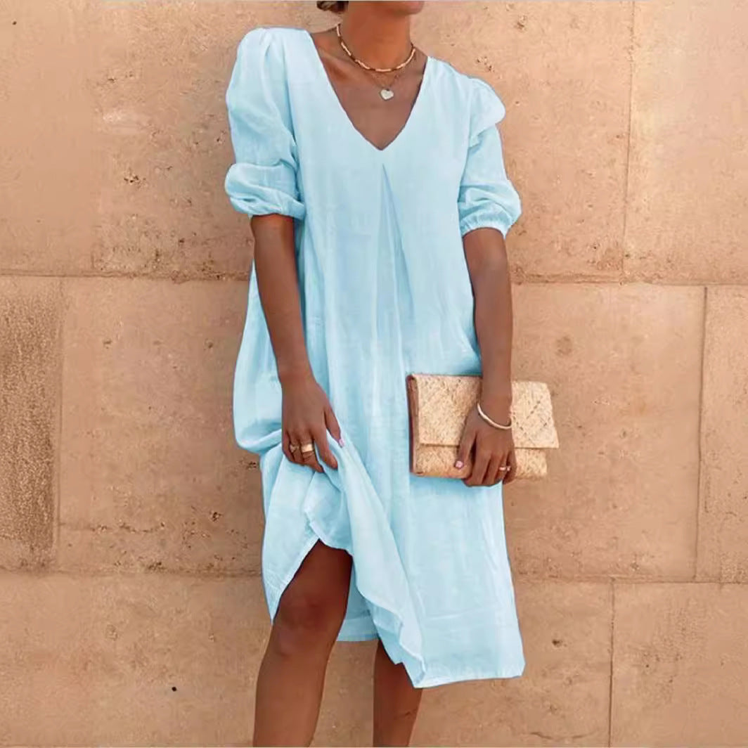 Robe en lin décontractée pour femmes avec décolleté en V et manches bouffantes Chic und Stil
