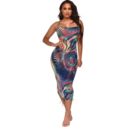 Women's Chic and Elegant Abstract Pattern Fitted Midi Dress