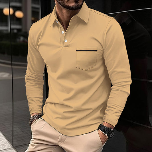Men's Long Sleeve Polo with Trendy Stand-Up Collar and Practical Chest Pocket Chic and Style