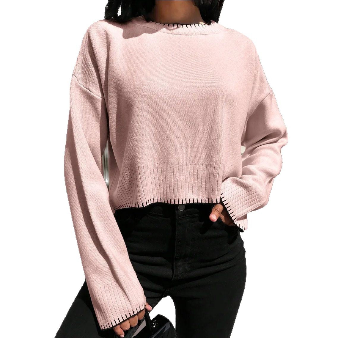 Femme pull court décontracté avec une fine structure en côtes et une taille élastique Chic und Stil