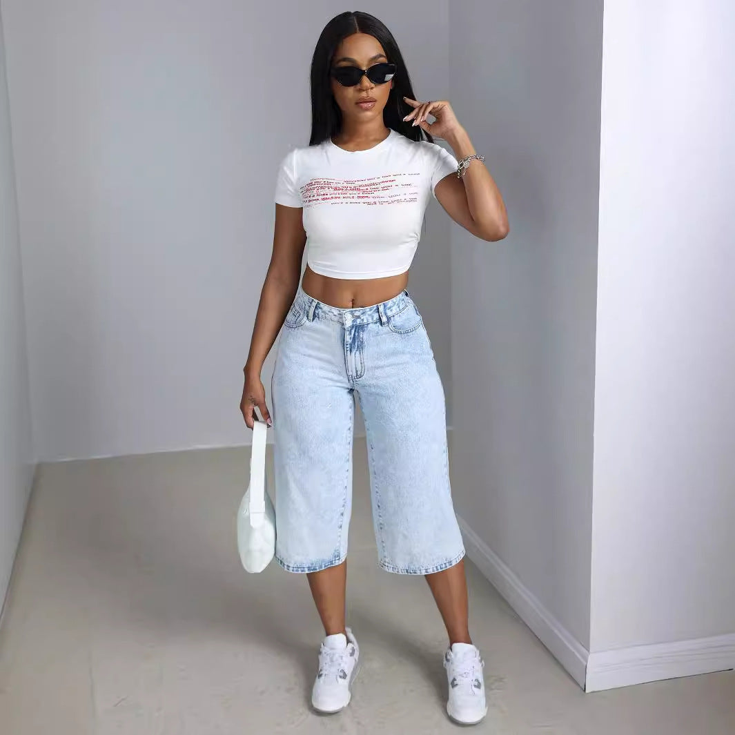 Culottes en denim larges pour dames avec effet de lavage à la mode Chic und Stil