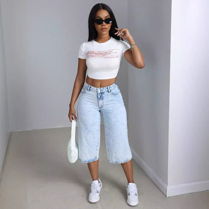Culottes en denim larges pour dames avec effet de lavage à la mode Chic und Stil
