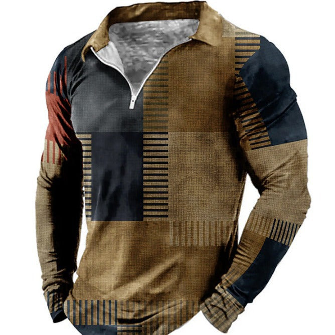Chemise polo à manches longues pour hommes avec un design patchwork à la mode et une fermeture éclair fonctionnelle Chic und Stil