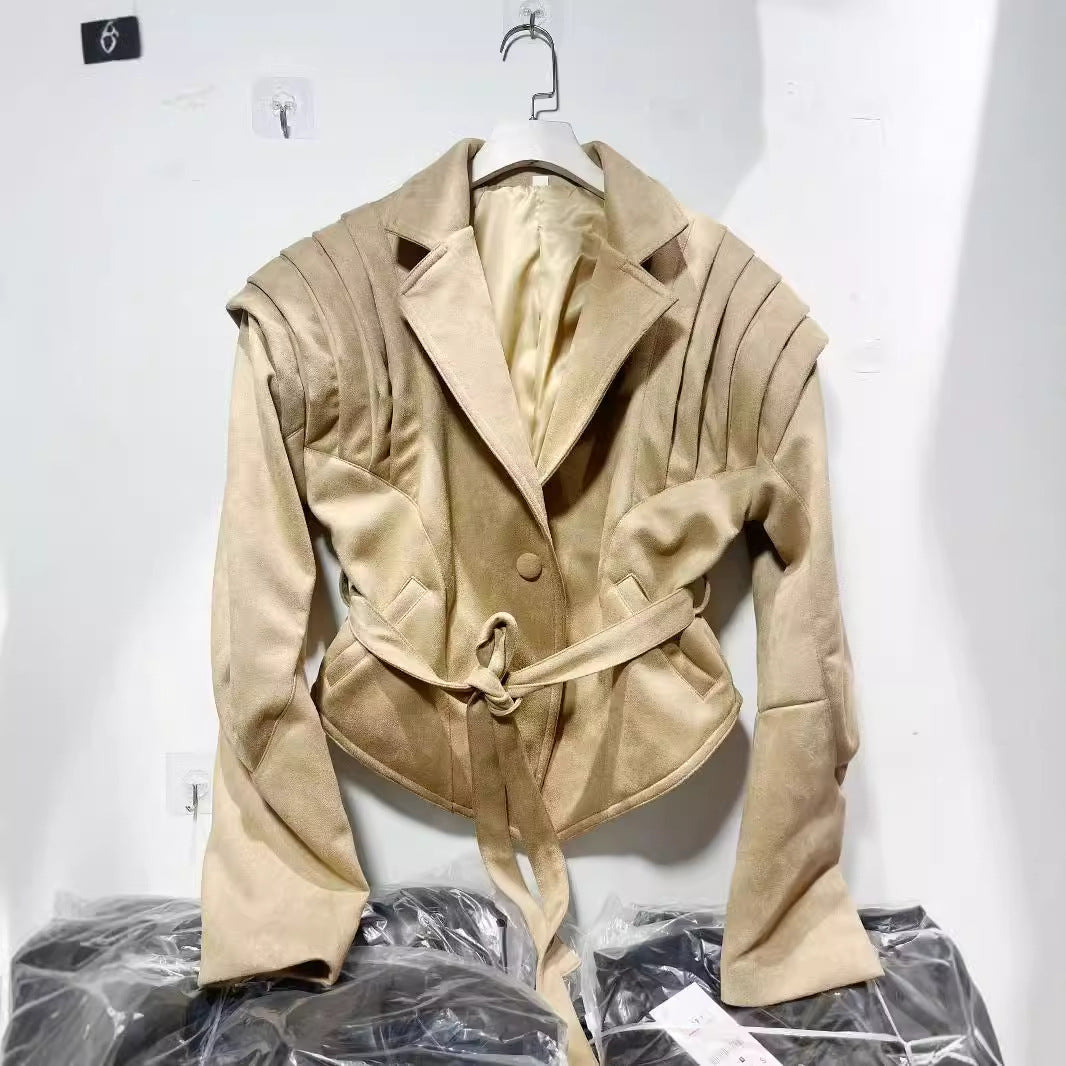 Elegant synthetic leather jacket for women with ruffle details and practical pockets Chic and Style