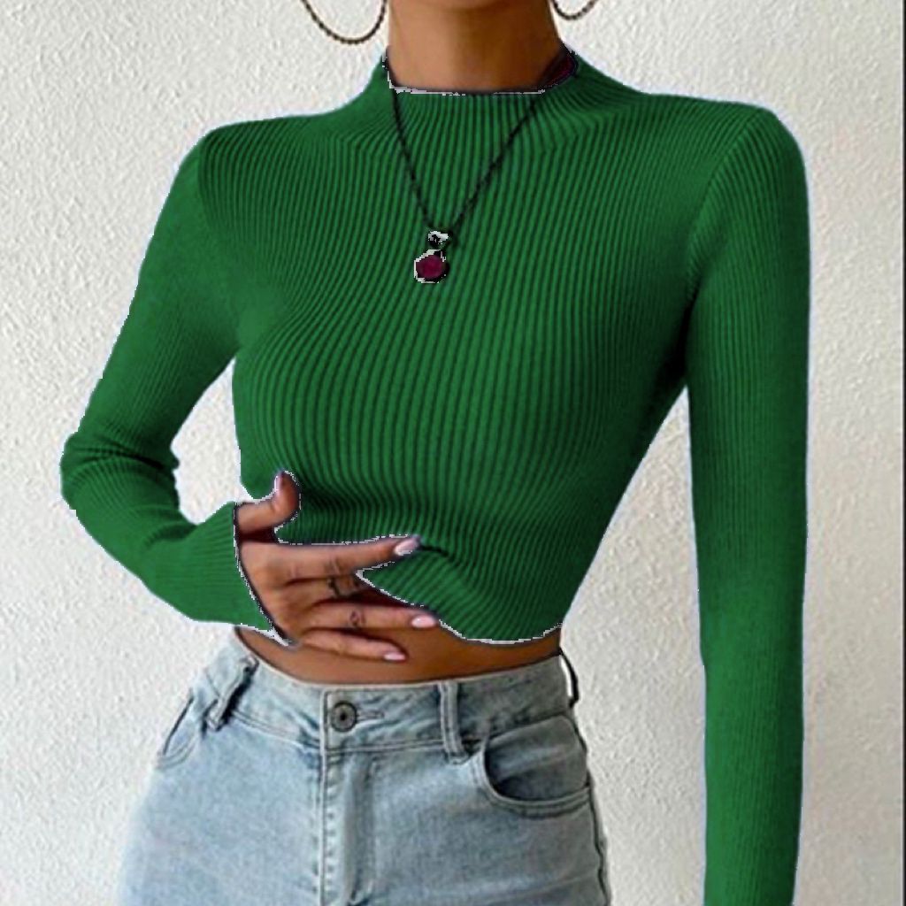 Pull en fine maille pour femmes avec col montant à la mode et design sans vagues Chic und Stil