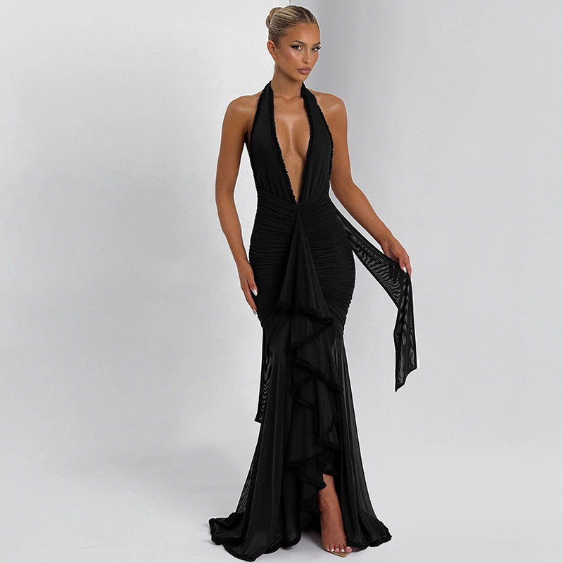 Dames Élégante Robe de Soirée avec Décolleté en V Profond et Détails Volants Chic und Stil