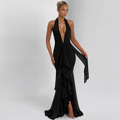 Dames Élégante Robe de Soirée avec Décolleté en V Profond et Détails Volants Chic und Stil
