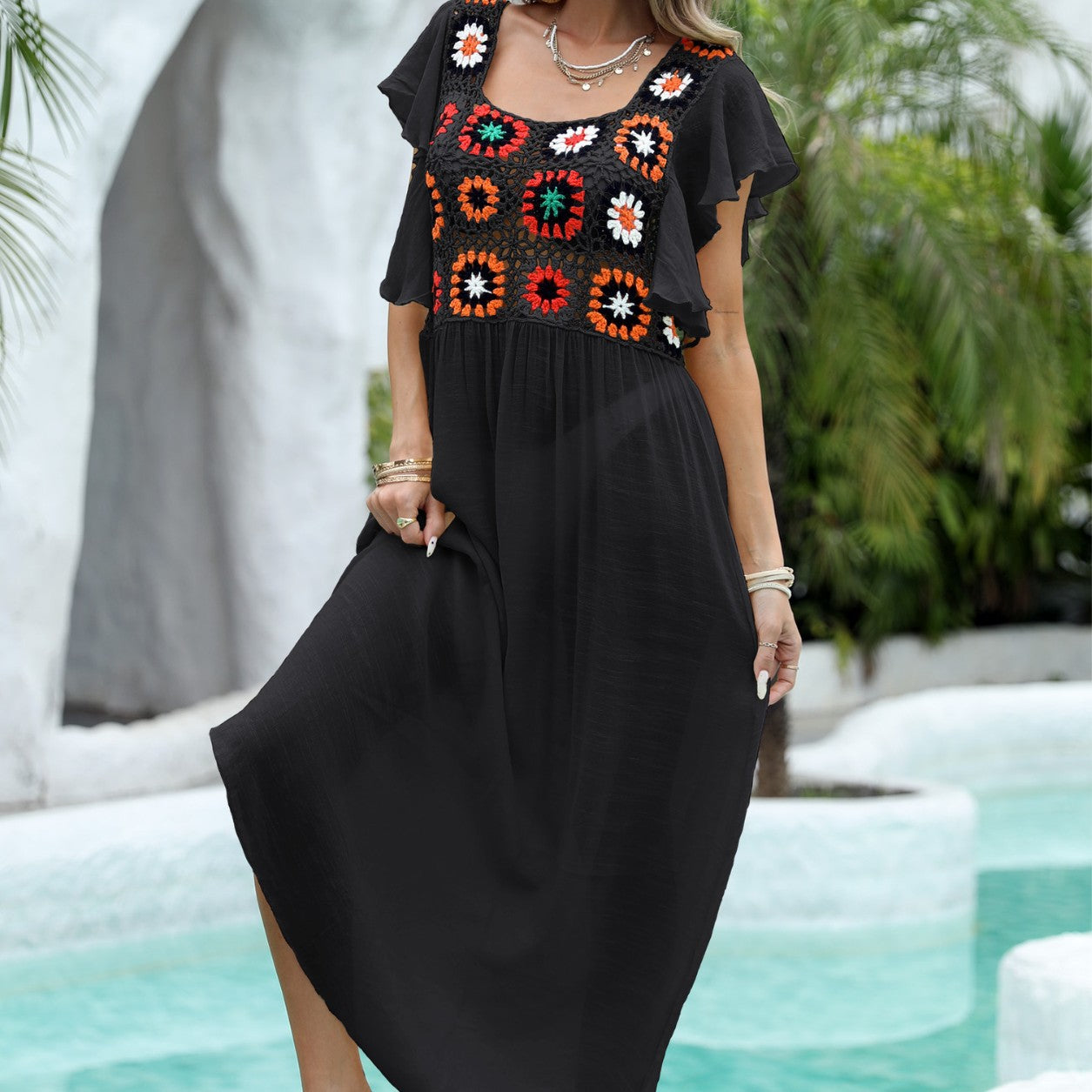 Dames Élégant Floral Crochet Maxi Robe Chic und Stil