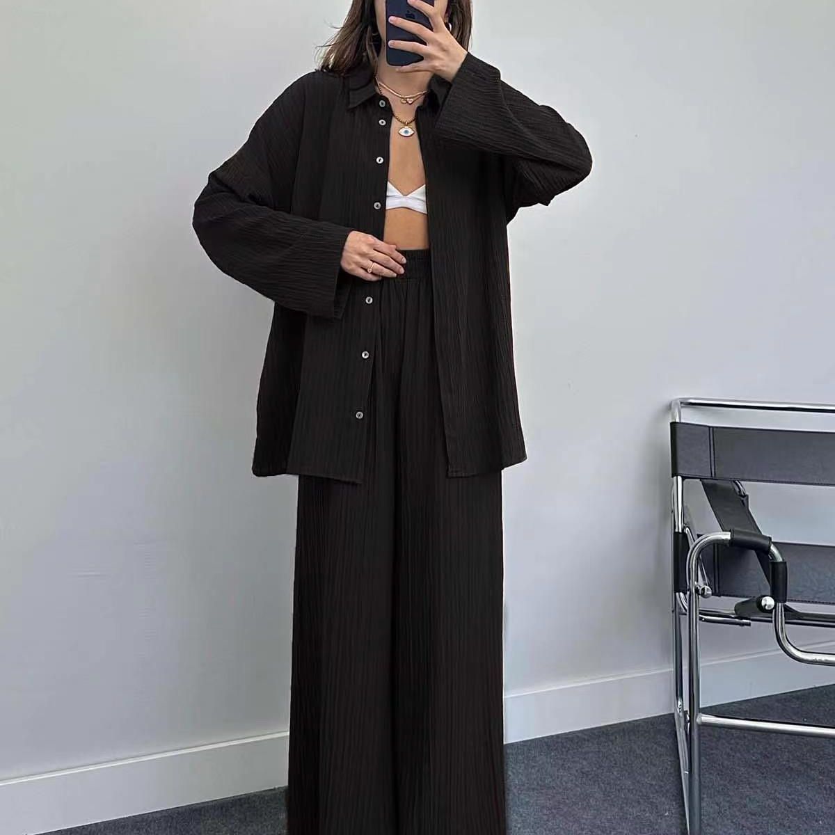 Plus size casual shirt set for women and chic wide leg pants