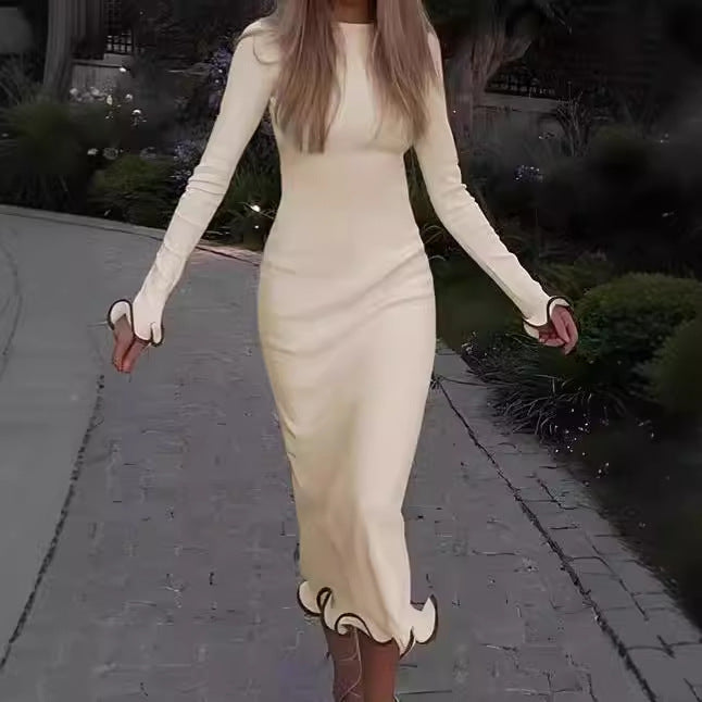 Dames Élégant Robe Midi à Manches Longues avec Ourlet Ludique Chic und Stil