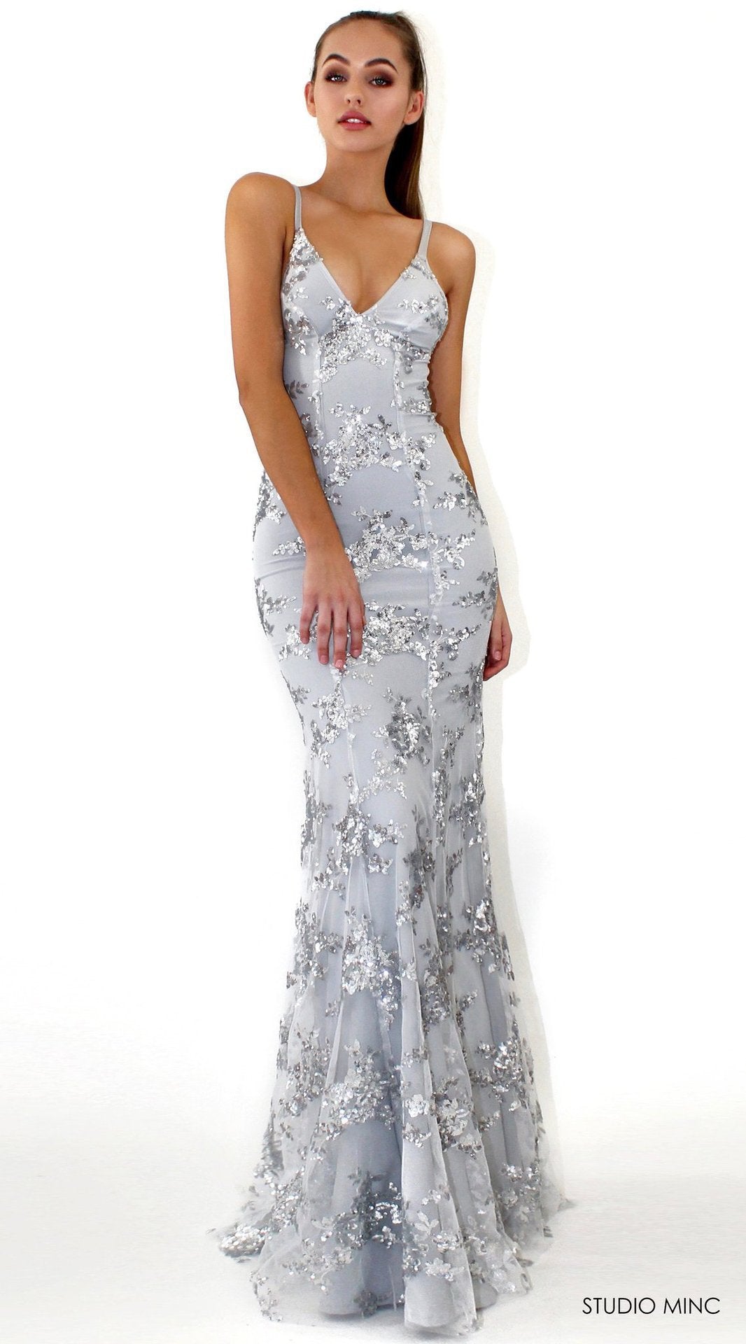 Robe de soirée scintillante pour femmes avec fente avant et décolleté profond au dos Chic und Stil