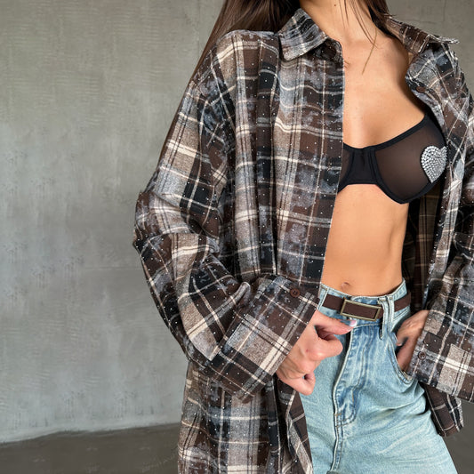 Dames Chemise à Carreaux Chic und Stil