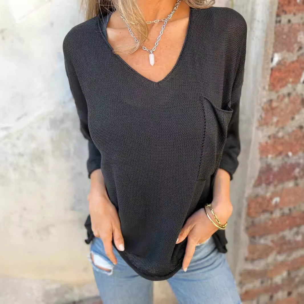 Pull-over V à col en V pour femmes avec poche pratique Chic und Stil