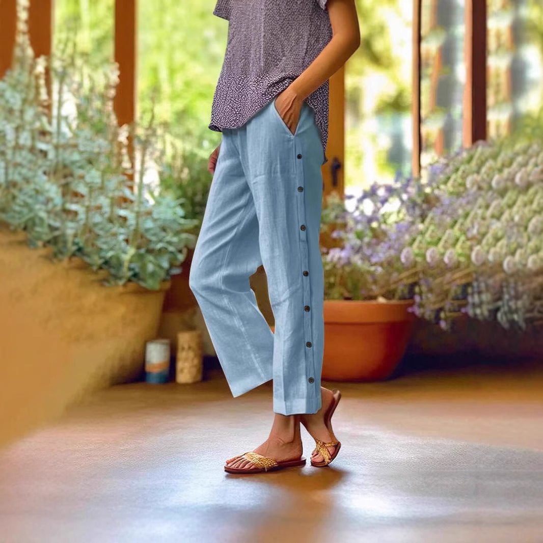 Comfortable linen pants for women with button details Chic and Style