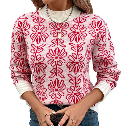 Pull en tricot pour femmes avec des motifs floraux et un élégant col montant Chic und Stil