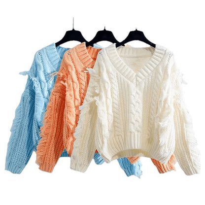 Dames gros tricot pull avec franges et décolleté en V Chic und Stil