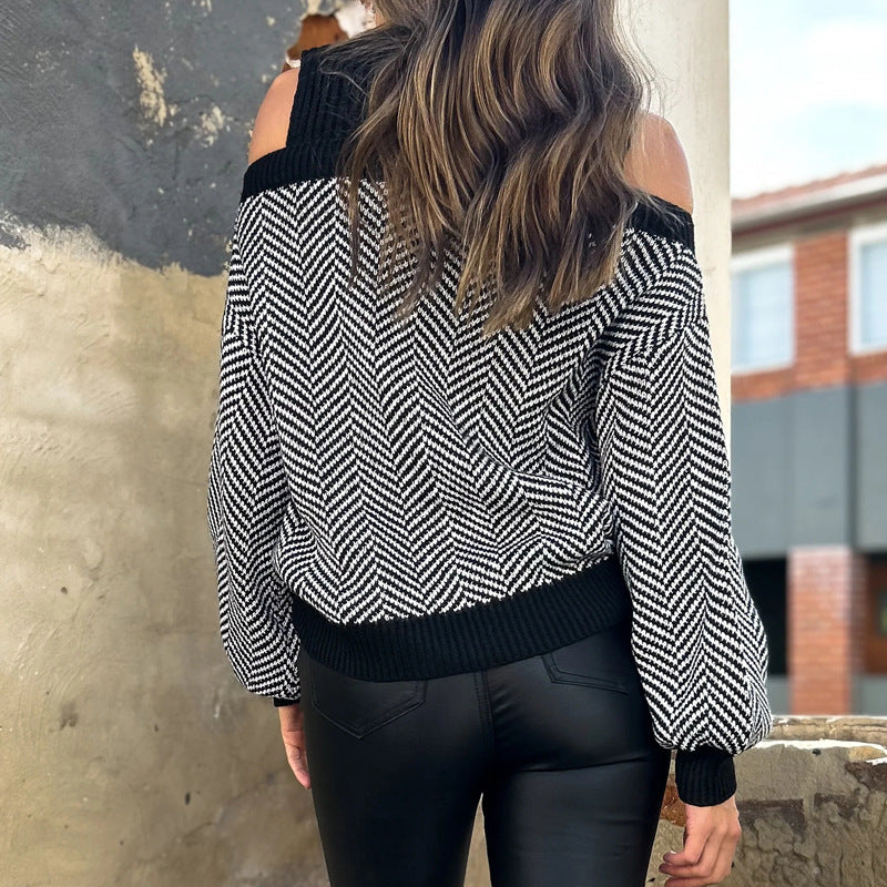 Pull femme à la mode avec design épaule dénudée et motif en zigzag Chic und Stil