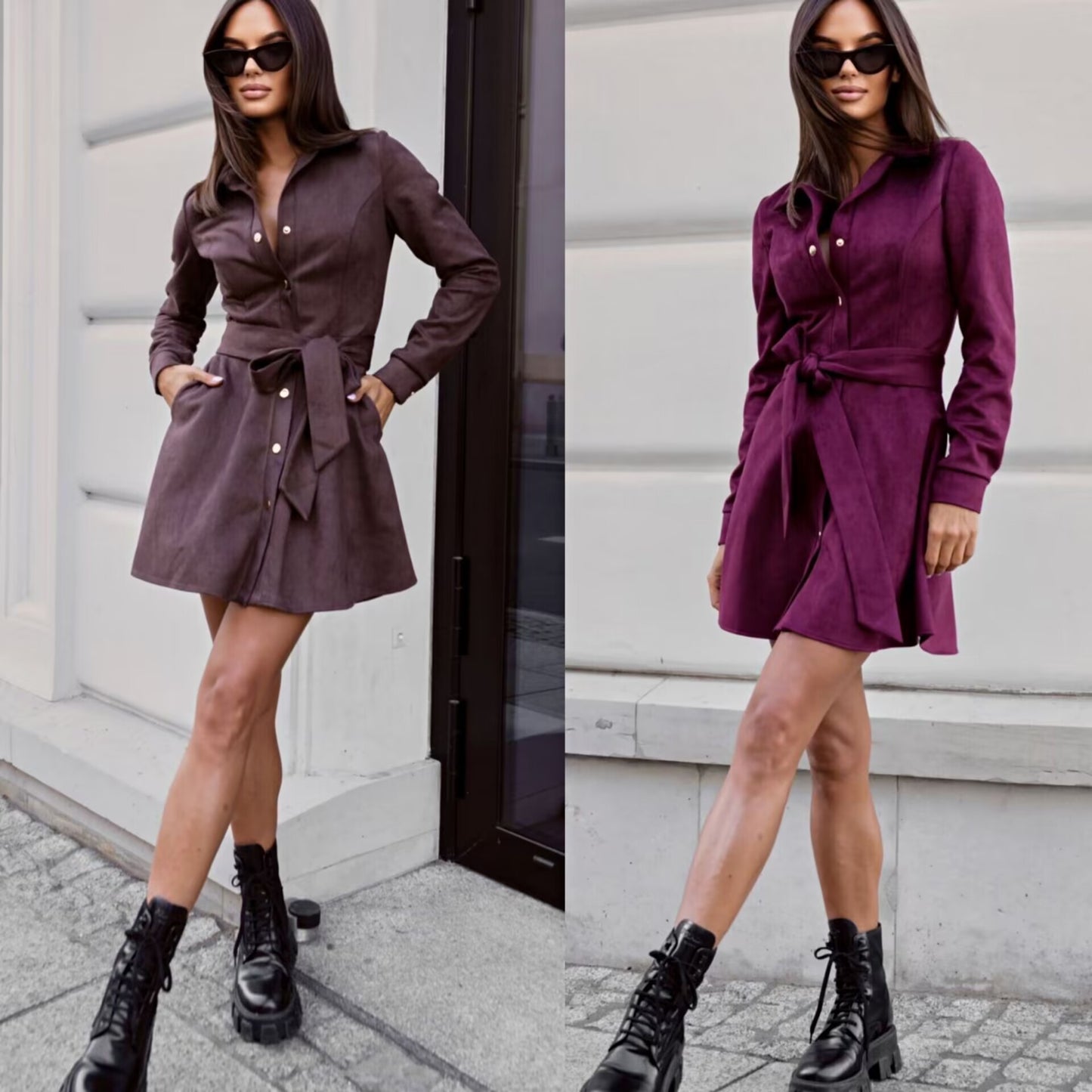 Robe chemise pour femmes avec ceinture à la taille et élégante patte de boutonnage Chic und Stil