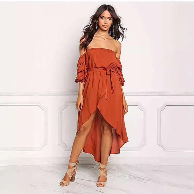 Dames Off-Shoulder Haut-Bas Robe Chic und Stil