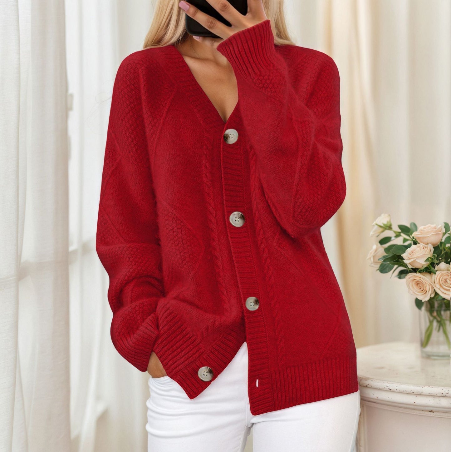 Knit jacket for women with braided pattern and elegant button detail Chic und Stil