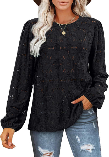 Blouse en dentelle pour femmes avec des détails floraux et des manches bouffantes élégantes Chic und Stil