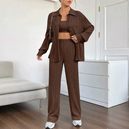 Dames Élégant Ensemble en blouse rayée et pantalon décontracté Chic und Stil