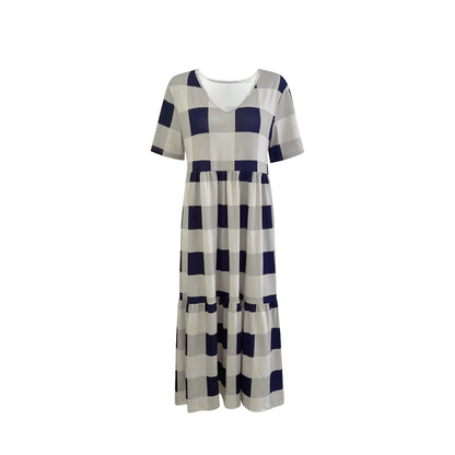 Robe longue à manches longues pour femmes avec un motif à carreaux à la mode et une coupe fluide Chic und Stil