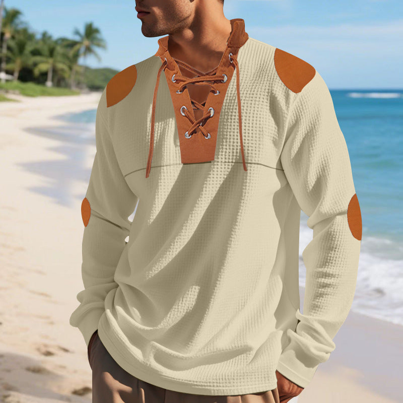 Chemise Henley décontractée à manches longues pour hommes avec un design de lacet original et des patchs de coude contrastants Chic und Stil