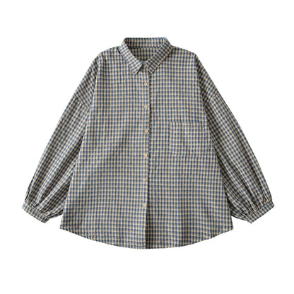 Blouse à carreaux décontractée pour femmes avec épaules dénudées et grands boutons Chic und Stil