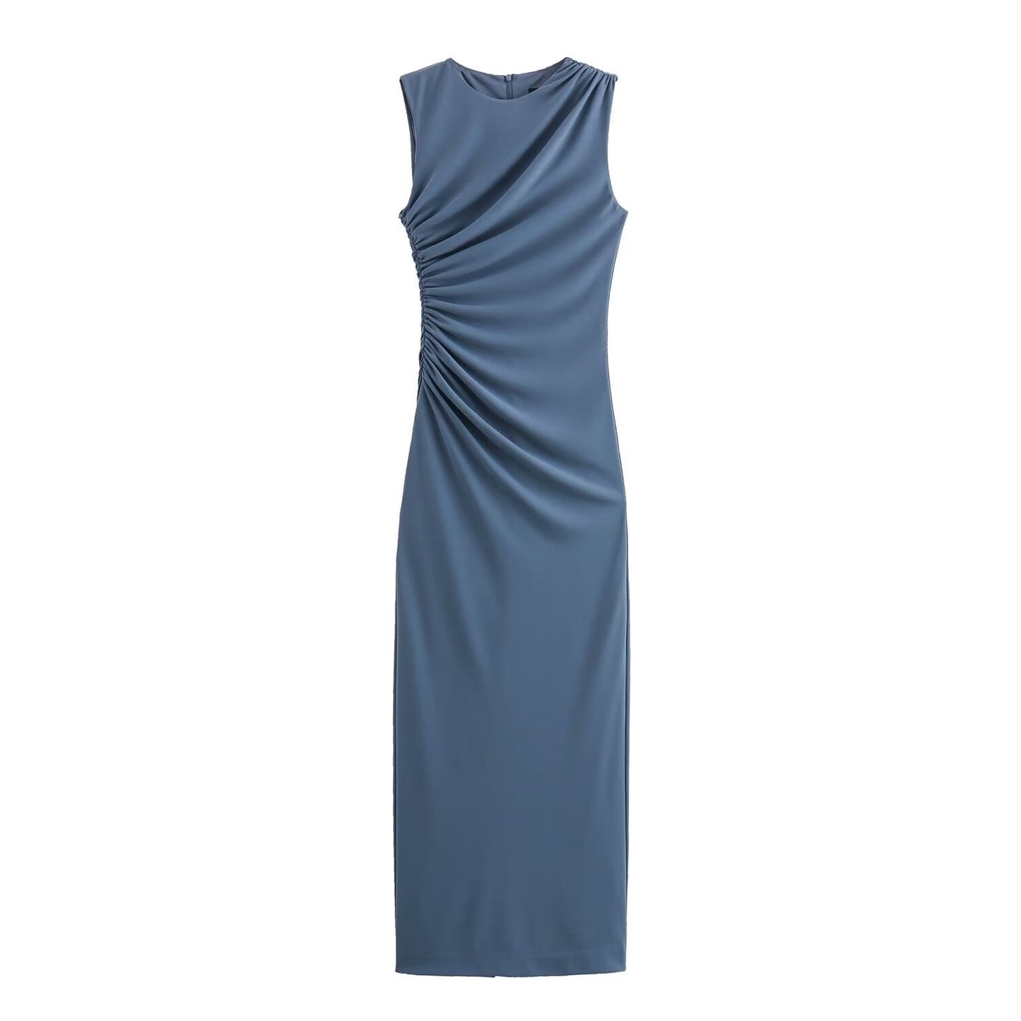Chic und Stil | Solid Color Round Neck Sleeveless Folding Slim Fit Dress