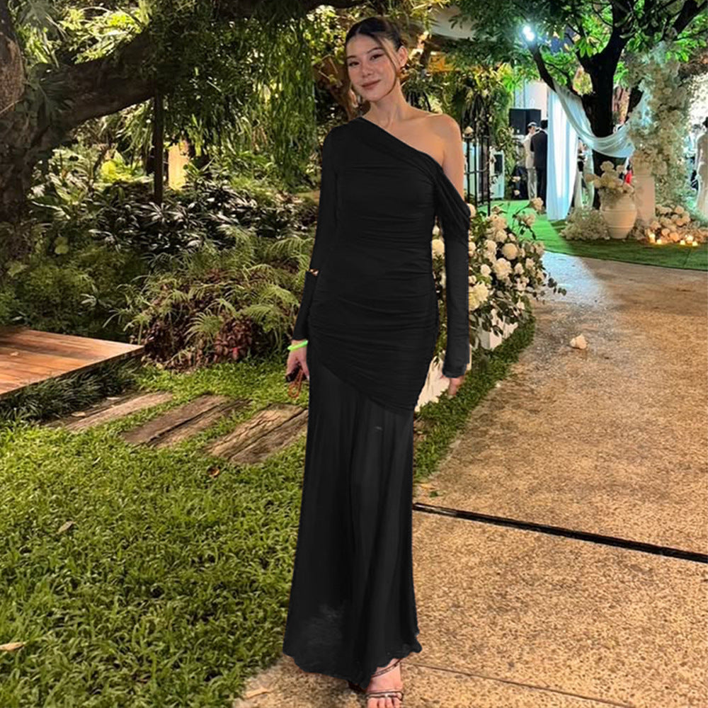Dames Élégante Robe Maxi avec Coupe Asymétrique et Design de Volants Raffiné Chic und Stil