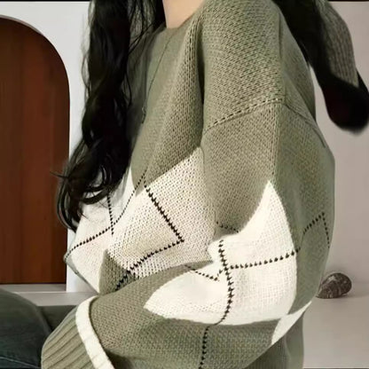 Dames gros tricot pull avec motifs en losanges modernes et coupe ample Chic und Stil