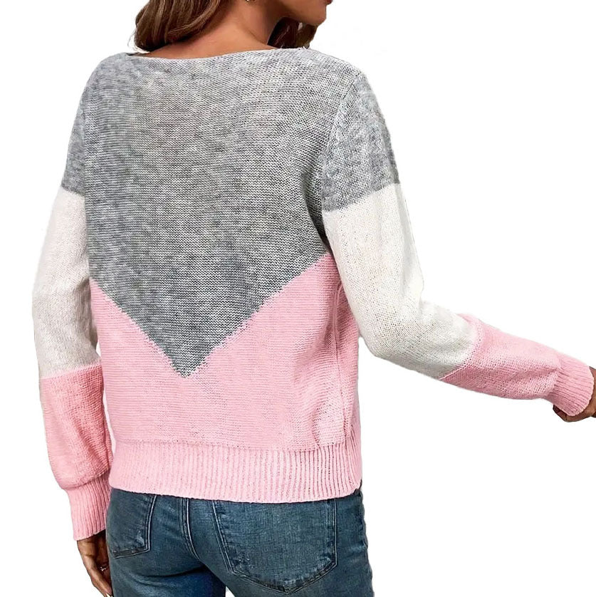 Dames pull moderne en tricot avec des blocs de couleurs contrastants et en V