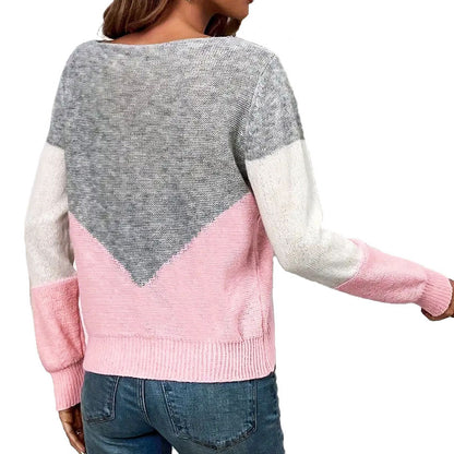 Dames pull moderne en tricot avec des blocs de couleurs contrastants et en V