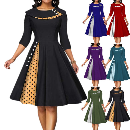 Femme Élégante Midi-Robe à Pois et Détail de Contraste Latéral Chic und Stil