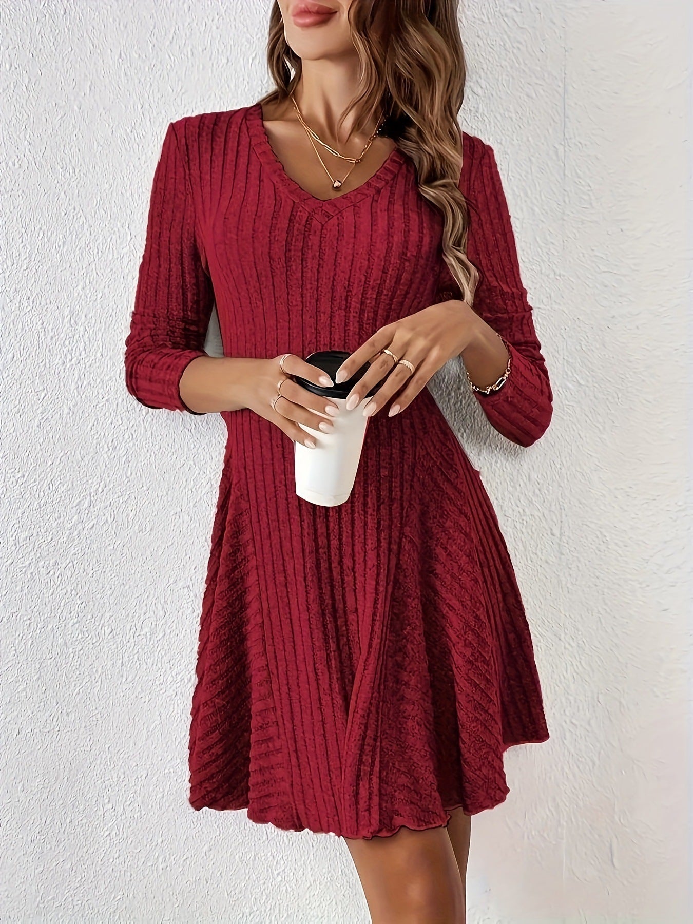 Dames Robe Mini Rippé Évasée Chic und Stil