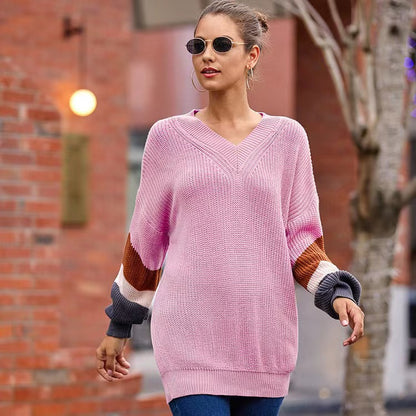 Pull en tricot pour femmes avec décolleté en V et manches assorties en couleur Chic und Stil