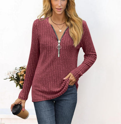 Pull femme avec zipper de haute qualité et design en côtes fines Chic et Stil