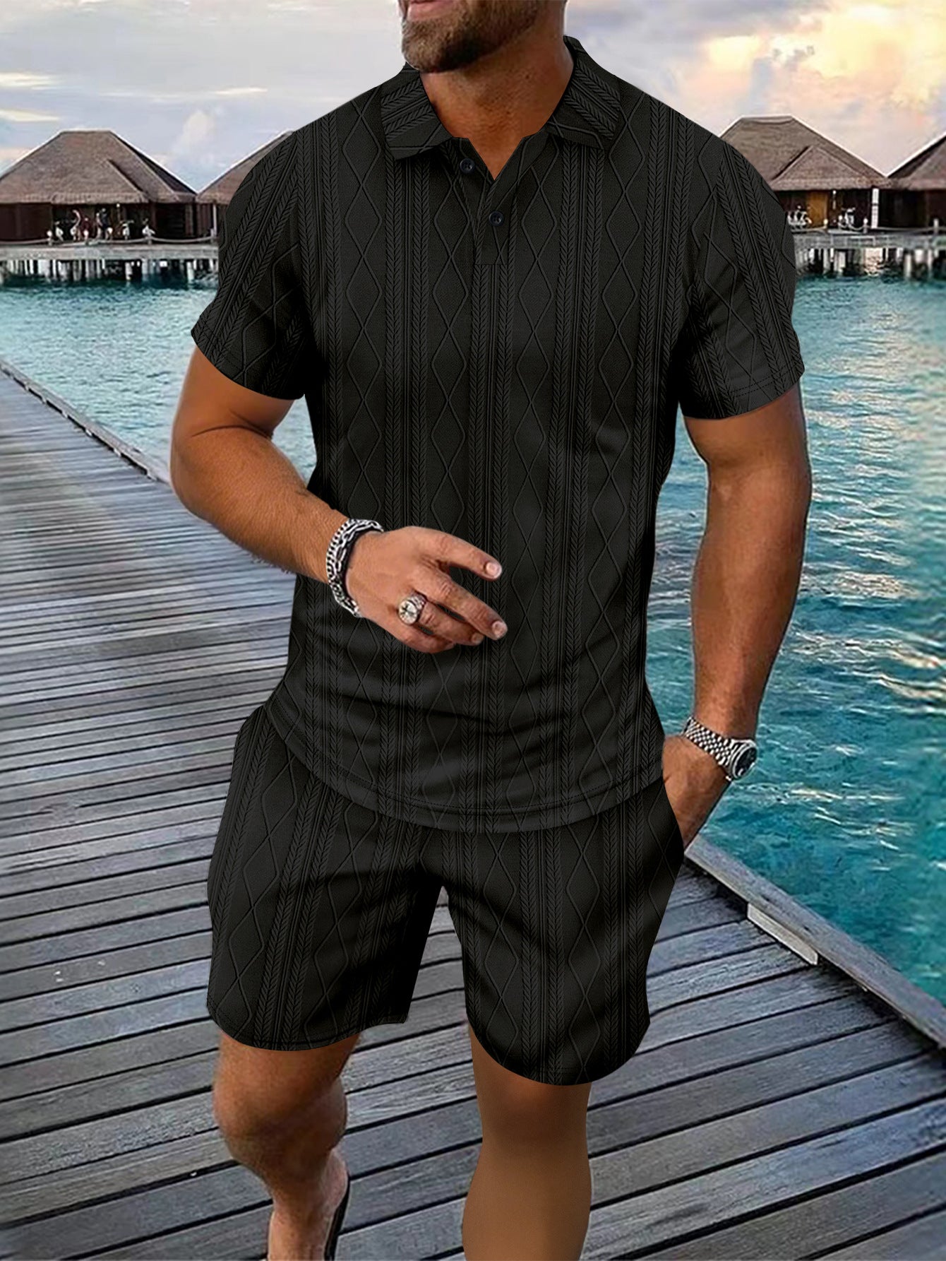 Hommes Ensemble Polo en Tricot Structuré et Shorts Chic und Stil