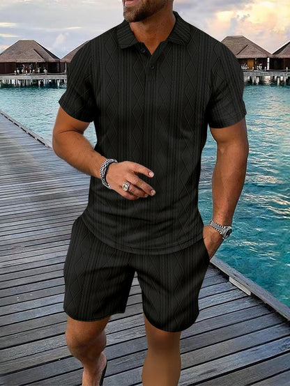 Hommes Ensemble Polo en Tricot Structuré et Shorts Chic und Stil