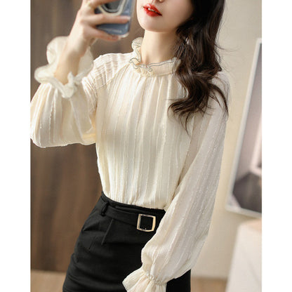 Blouse à col montant froncé pour femmes avec détails de manches transparentes Chic und Stil