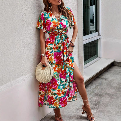 Robe maxi portefeuille pour femmes avec imprimé floral et fente haute Chic und Stil