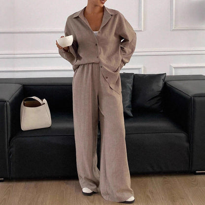 Dames élégant décontracté blouse en lin et large pantalon Chic und Stil