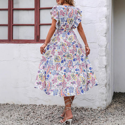 Robe maxi femme avec motif floral et détails décoratifs en volants Chic und Stil
