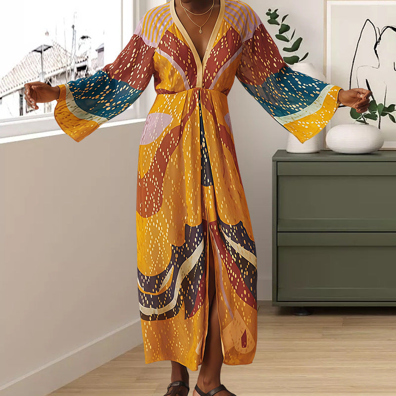 Robe maxi pour femmes avec imprimé coloré et manches longues modernes Chic und Stil