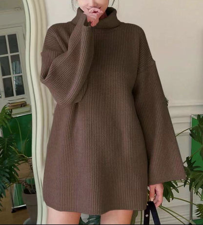 Dames Pull en tricot long avec col montant et manches évasées Chic und Stil