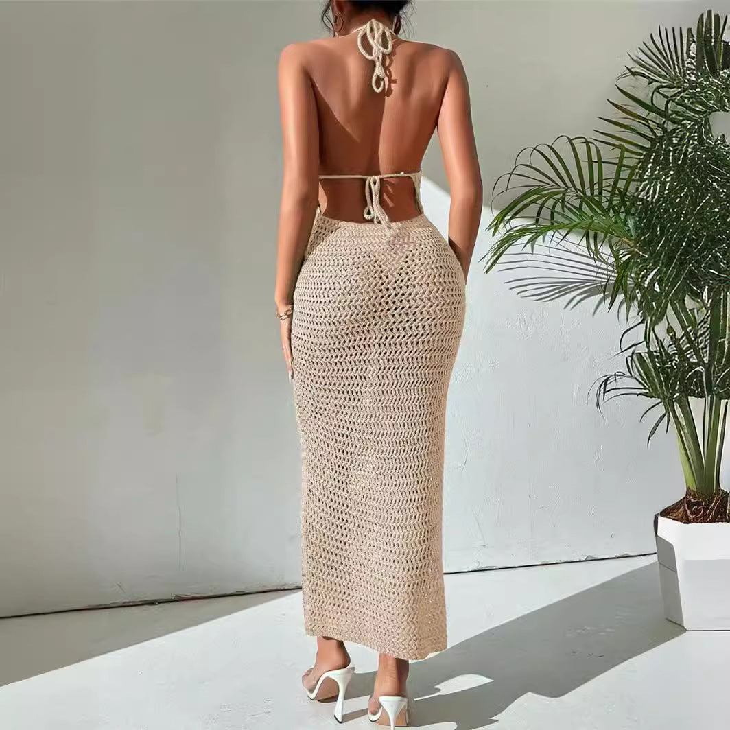 Robe halter à manches longues Damen en structure en crochet aérée Chic und Stil